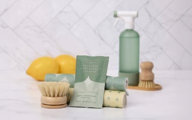 Everclean Living multi-surface cleaner with reusable cloths, scrub brush, and spray bottle