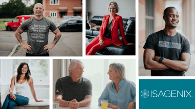 Collage of diverse adults smiling in different settings with Isagenix branding