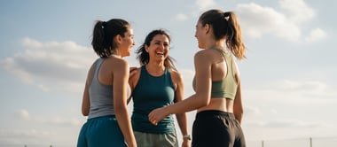 Three women in athletic wear smiling and standing together outdoors during a workout.