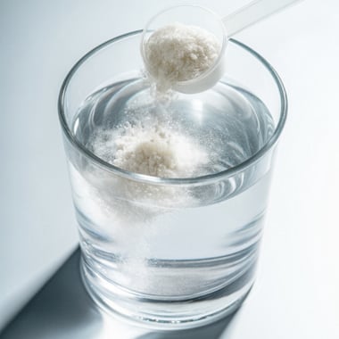 Scoop of creatine powder being added to a glass of water, with powder beginning to dissolve.