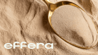 Gold spoon filled with fine beige powder resting on a surface of matching powder, with the text ‘eFfena’ displayed in the lower corner.